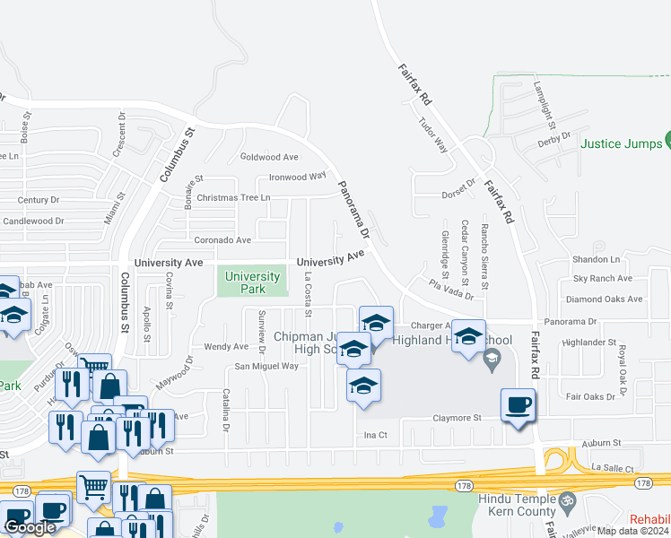 map of restaurants, bars, coffee shops, grocery stores, and more near 4713 University Avenue in Bakersfield