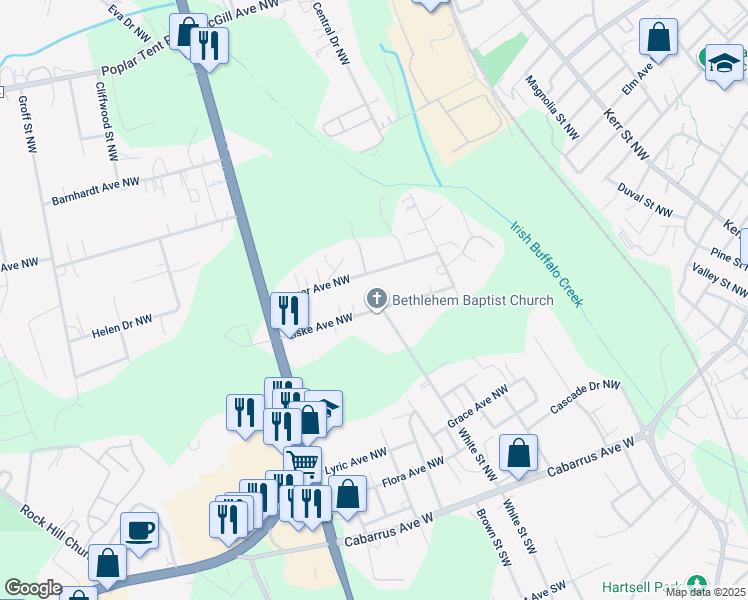 map of restaurants, bars, coffee shops, grocery stores, and more near Liske Avenue Northwest in Concord