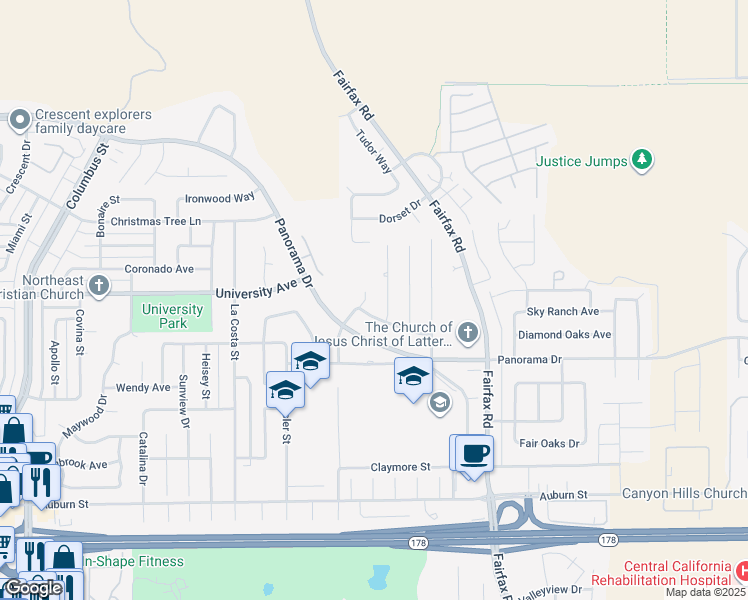 map of restaurants, bars, coffee shops, grocery stores, and more near 3417 Meadow Vista Court in Bakersfield