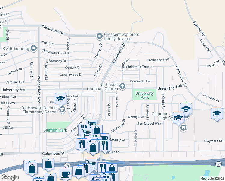 map of restaurants, bars, coffee shops, grocery stores, and more near 4008 Fulton Avenue in Bakersfield