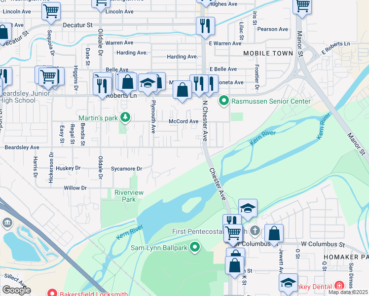 map of restaurants, bars, coffee shops, grocery stores, and more near 111 Beardsley Avenue in Bakersfield