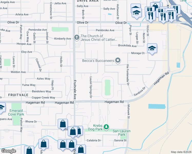 map of restaurants, bars, coffee shops, grocery stores, and more near 4900 Laurel Springs Dr in Bakersfield
