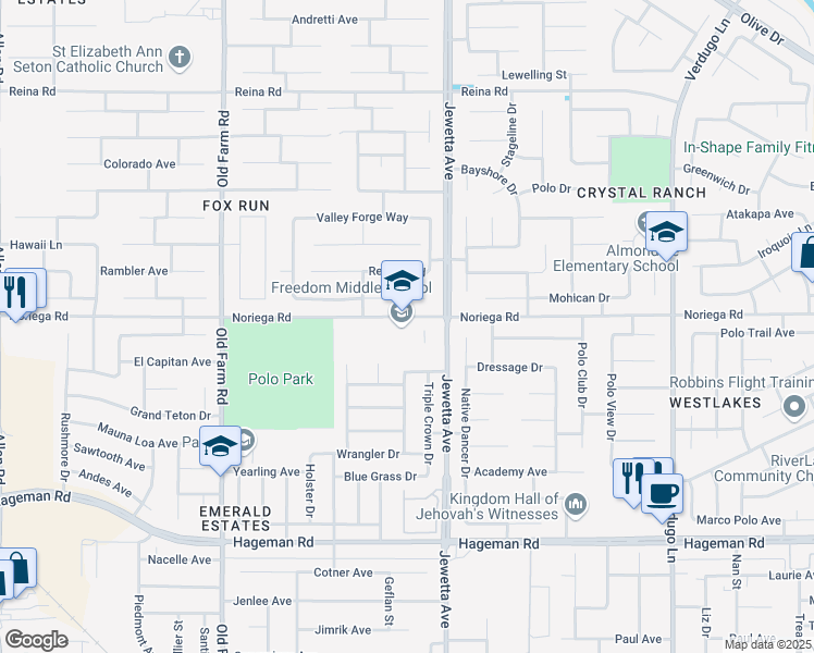 map of restaurants, bars, coffee shops, grocery stores, and more near 11445 Noriega Road in Bakersfield