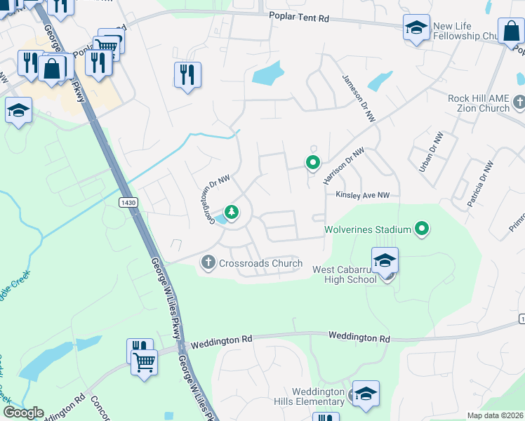 map of restaurants, bars, coffee shops, grocery stores, and more near 534 Hamberton Court Northwest in Concord
