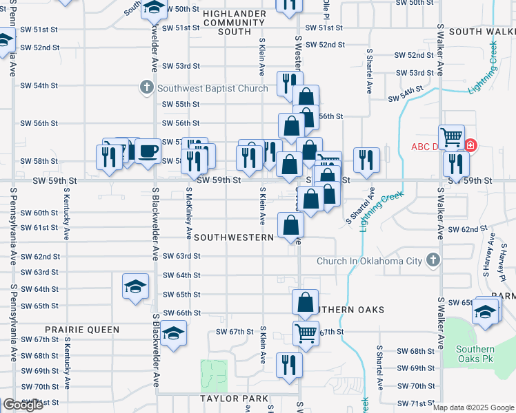 map of restaurants, bars, coffee shops, grocery stores, and more near 1009 Southwest 61st Street in Oklahoma City