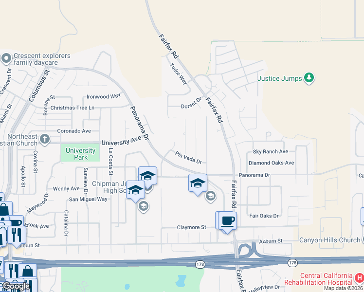 map of restaurants, bars, coffee shops, grocery stores, and more near 3416 Glenridge Street in Bakersfield