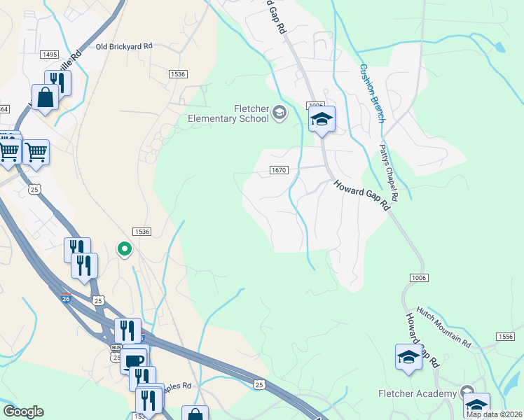 map of restaurants, bars, coffee shops, grocery stores, and more near 221 Fletcher View Drive in Fletcher