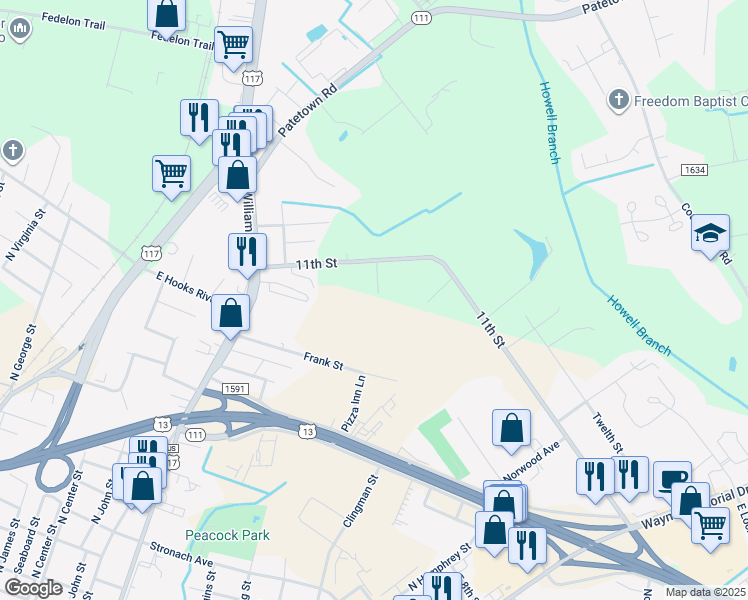 map of restaurants, bars, coffee shops, grocery stores, and more near Cooke Street in Goldsboro