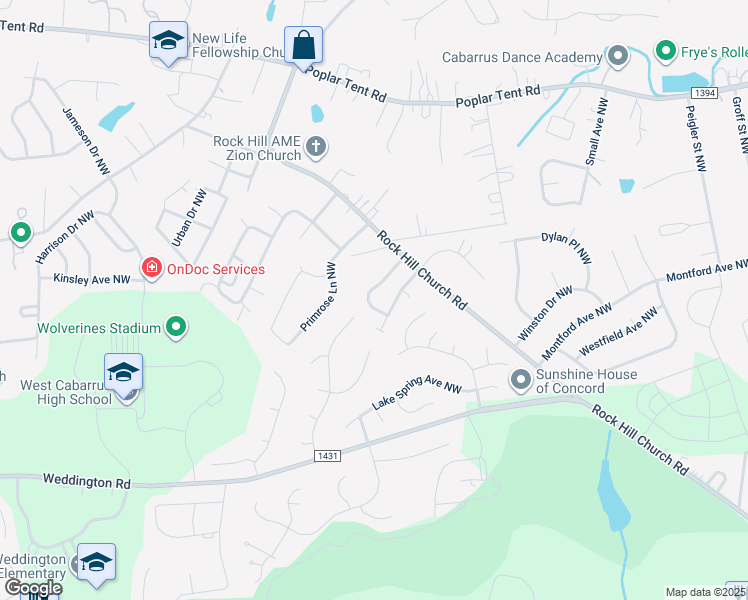 map of restaurants, bars, coffee shops, grocery stores, and more near 3375 Chadbury Drive Northwest in Concord