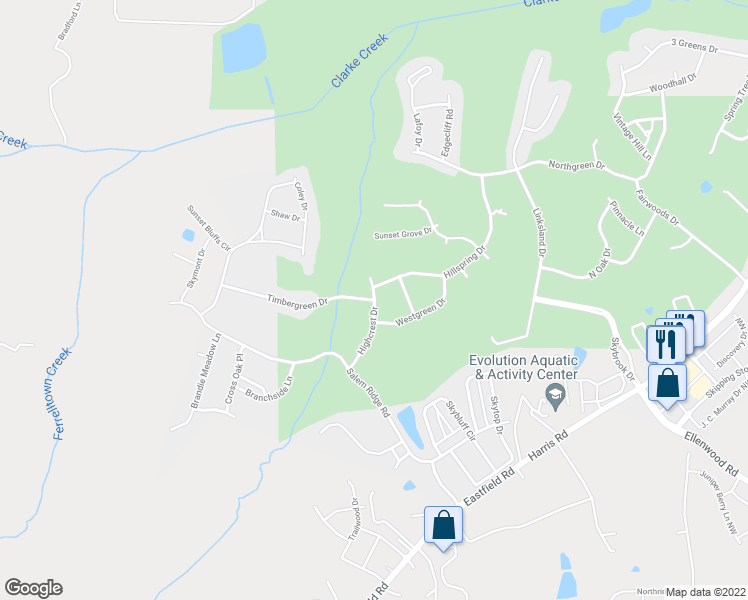 map of restaurants, bars, coffee shops, grocery stores, and more near Highcrest Dr & Timbergreen Dr in Huntersville