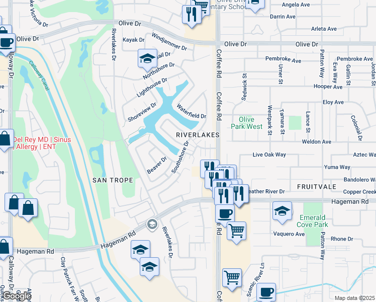 map of restaurants, bars, coffee shops, grocery stores, and more near 4901 Rock Bottom Way in Bakersfield