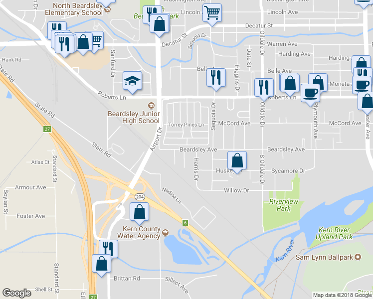 map of restaurants, bars, coffee shops, grocery stores, and more near 809 Beardsley Avenue in Bakersfield