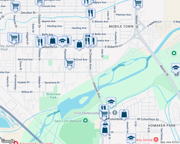 map of restaurants, bars, coffee shops, grocery stores, and more near N Chester Ave & Beardsley Ave in Bakersfield