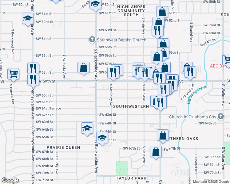 map of restaurants, bars, coffee shops, grocery stores, and more near 1121 Southwest 61st Street in Oklahoma City