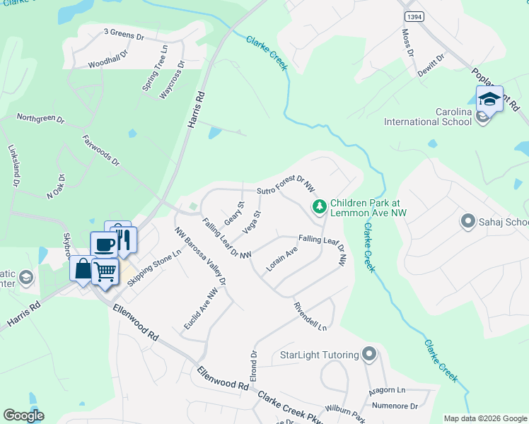 map of restaurants, bars, coffee shops, grocery stores, and more near 620 Coral Bells Court Northwest in Concord