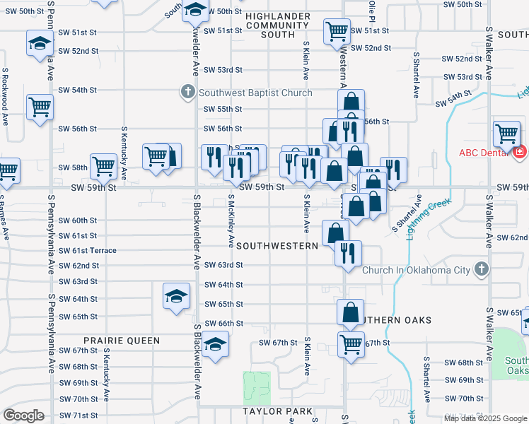 map of restaurants, bars, coffee shops, grocery stores, and more near 6108 South Douglas Avenue in Oklahoma City