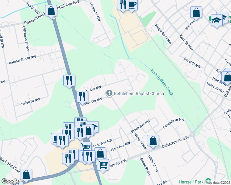 map of restaurants, bars, coffee shops, grocery stores, and more near 85 Liske Avenue Northwest in Concord