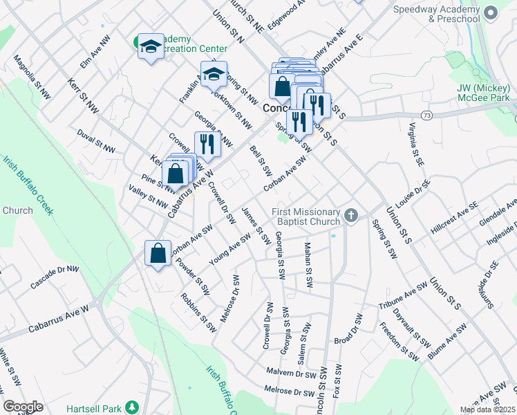 map of restaurants, bars, coffee shops, grocery stores, and more near 82 Georgia Street Southwest in Concord