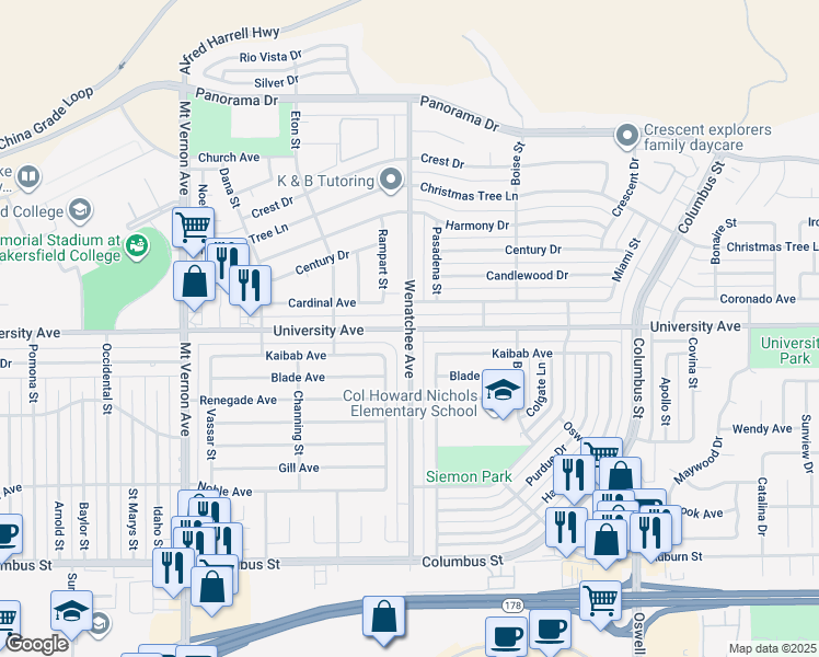 map of restaurants, bars, coffee shops, grocery stores, and more near 3099 University Avenue in Bakersfield