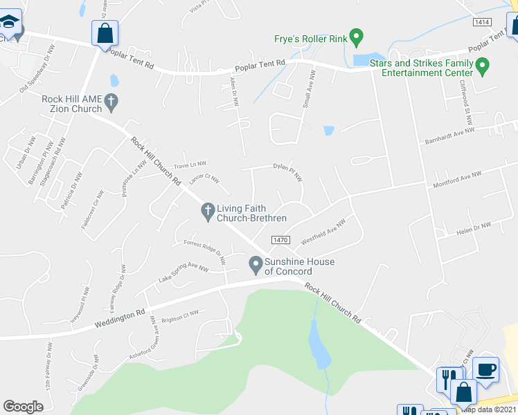 map of restaurants, bars, coffee shops, grocery stores, and more near 707 Springfield Drive Northwest in Concord