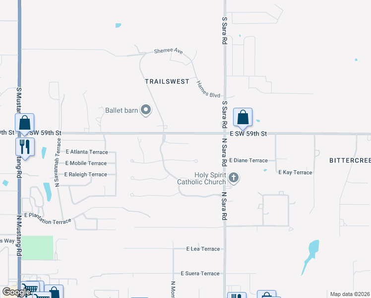 map of restaurants, bars, coffee shops, grocery stores, and more near 725 East Olivia Terrace in Mustang