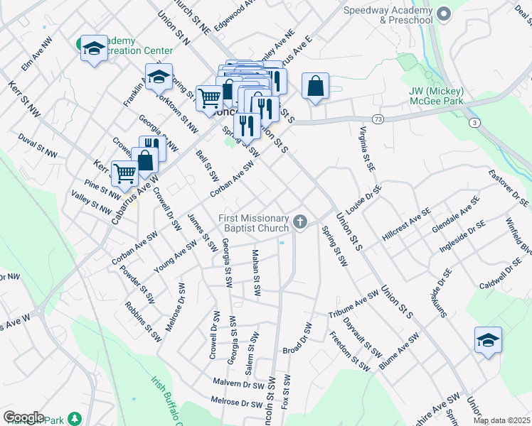 map of restaurants, bars, coffee shops, grocery stores, and more near 94 Cline Court Southwest in Concord