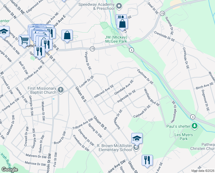map of restaurants, bars, coffee shops, grocery stores, and more near 88 Hillcrest Avenue Southeast in Concord