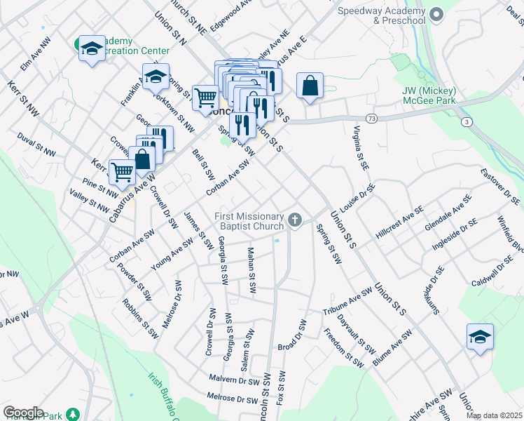 map of restaurants, bars, coffee shops, grocery stores, and more near 94 Cline Court Southwest in Concord