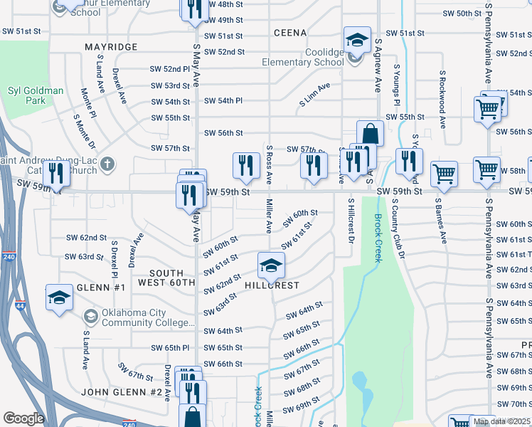 map of restaurants, bars, coffee shops, grocery stores, and more near 2704 Southwest 60th Place in Oklahoma City