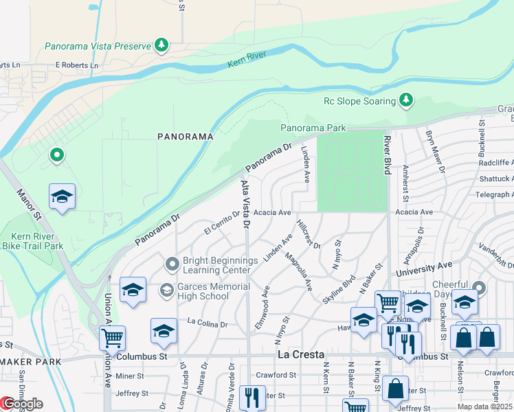 map of restaurants, bars, coffee shops, grocery stores, and more near 308 Acacia Avenue in Bakersfield