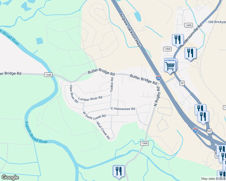 map of restaurants, bars, coffee shops, grocery stores, and more near 177 Yadkin Road in Fletcher