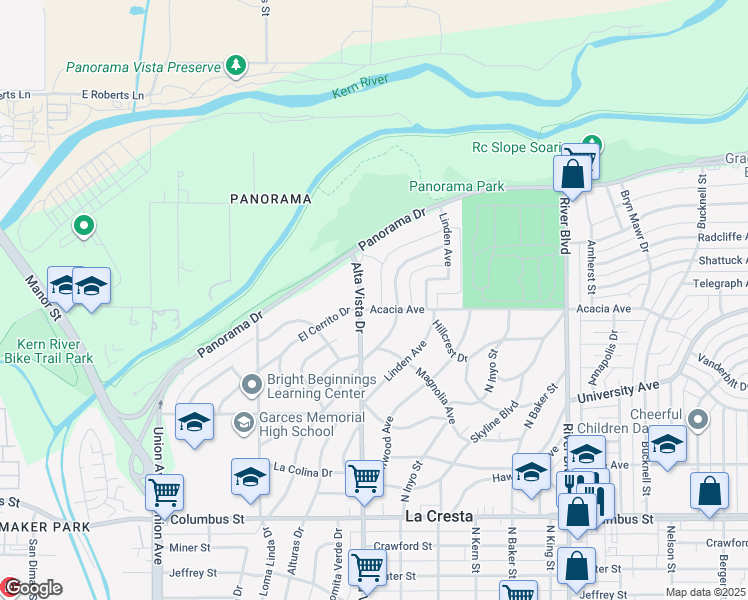 map of restaurants, bars, coffee shops, grocery stores, and more near 308 Acacia Avenue in Bakersfield