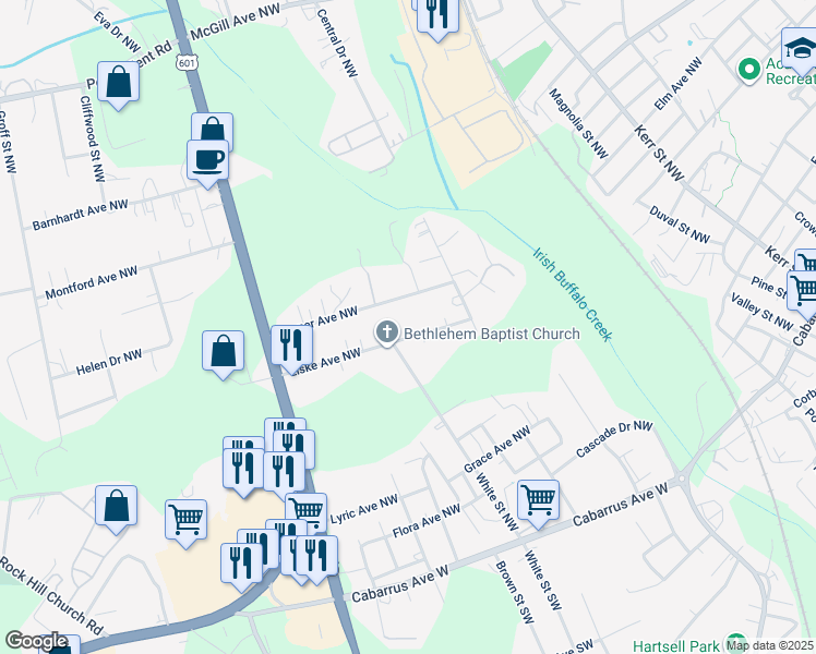 map of restaurants, bars, coffee shops, grocery stores, and more near 85 Liske Avenue Northwest in Concord