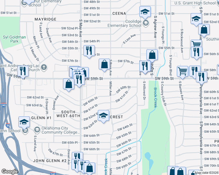map of restaurants, bars, coffee shops, grocery stores, and more near 2704 Southwest 60th Place in Oklahoma City