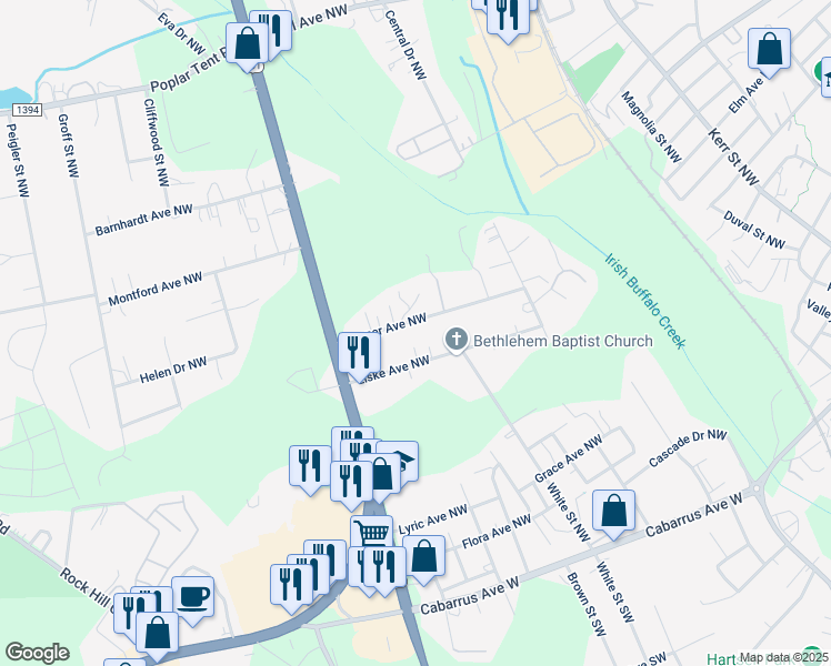 map of restaurants, bars, coffee shops, grocery stores, and more near 51 Sumner Avenue Northwest in Concord