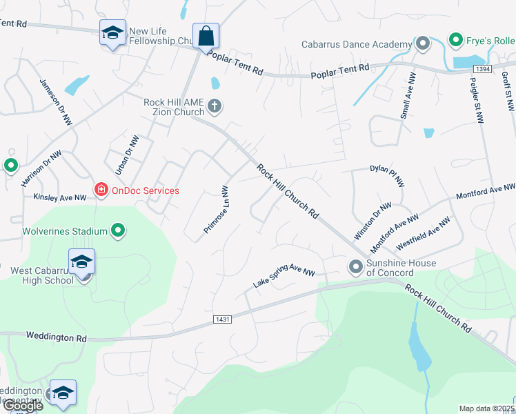 map of restaurants, bars, coffee shops, grocery stores, and more near 3367 Chadbury Drive Northwest in Concord