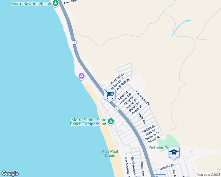 map of restaurants, bars, coffee shops, grocery stores, and more near 371 Yerba Buena Street in Morro Bay