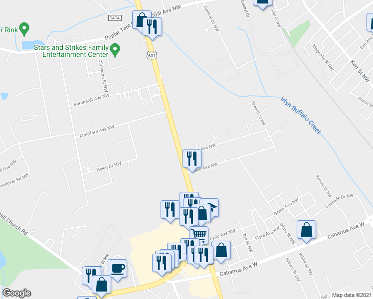 map of restaurants, bars, coffee shops, grocery stores, and more near 360 Concord Parkway North in Concord