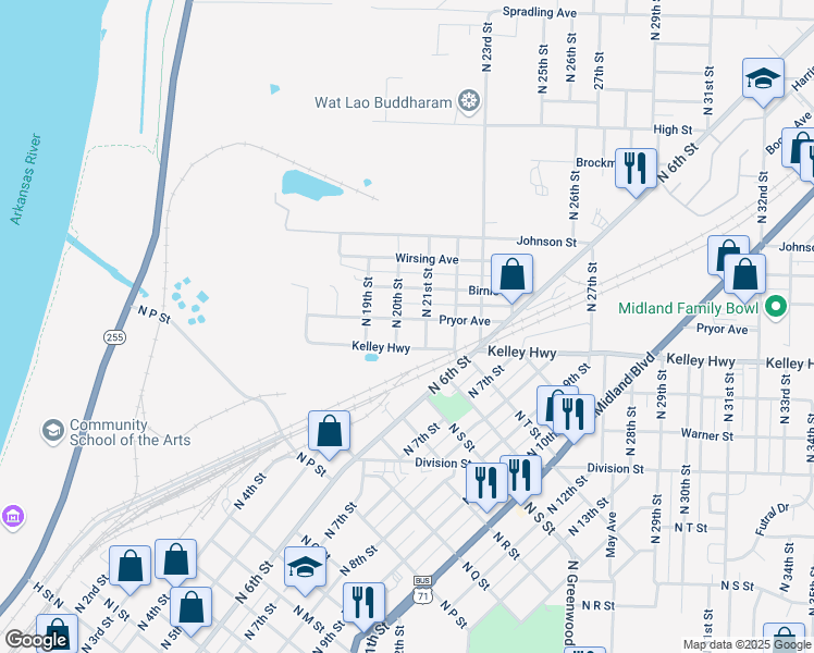 map of restaurants, bars, coffee shops, grocery stores, and more near 1923 Kelley Highway in Fort Smith