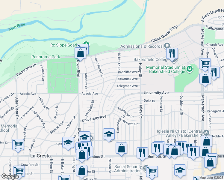 map of restaurants, bars, coffee shops, grocery stores, and more near 1125 Acacia Avenue in Bakersfield