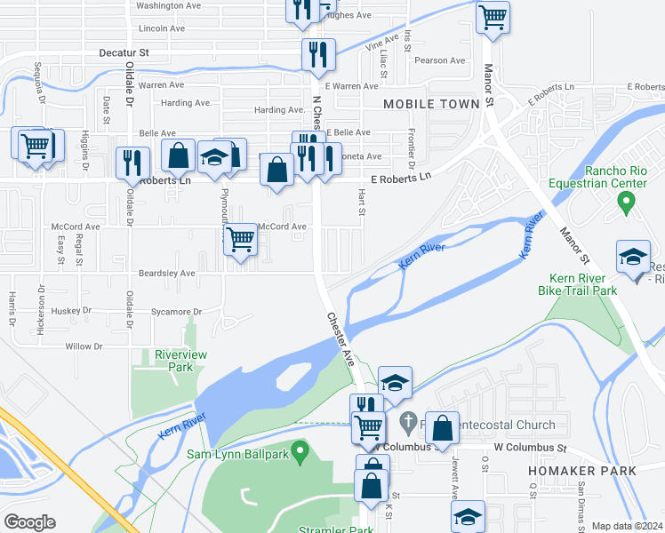 map of restaurants, bars, coffee shops, grocery stores, and more near 101 East Beardsley Avenue in Bakersfield