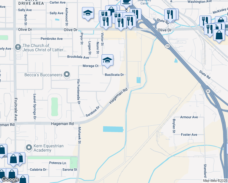 map of restaurants, bars, coffee shops, grocery stores, and more near 5800 Hageman Road in Bakersfield
