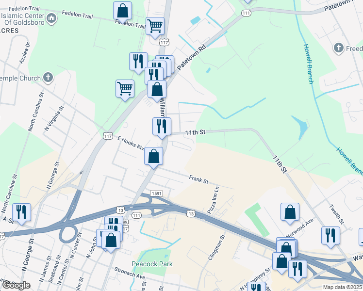 map of restaurants, bars, coffee shops, grocery stores, and more near 1900 North William Street in Goldsboro