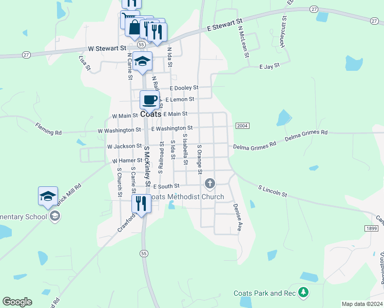 map of restaurants, bars, coffee shops, grocery stores, and more near 240 South Isabella Street in Coats