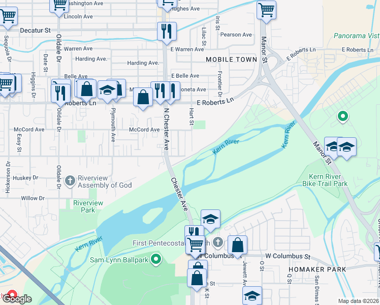 map of restaurants, bars, coffee shops, grocery stores, and more near 115 Hart Street in Bakersfield