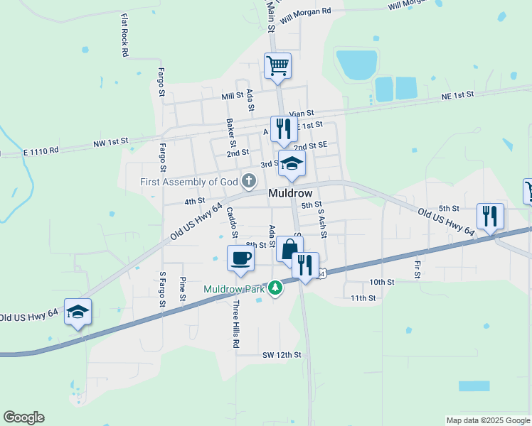 map of restaurants, bars, coffee shops, grocery stores, and more near 206 6th Street in Muldrow