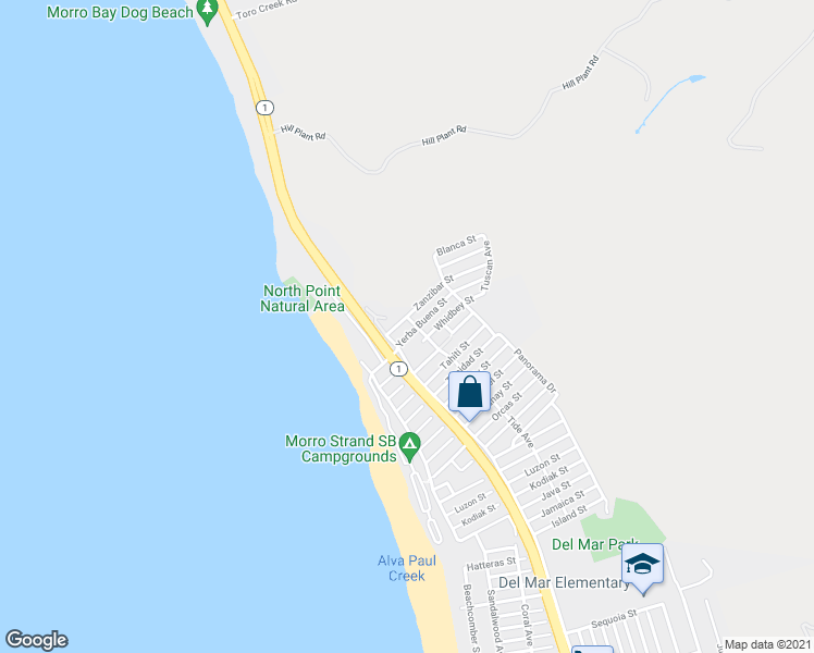map of restaurants, bars, coffee shops, grocery stores, and more near 371 Yerba Buena Street in Morro Bay