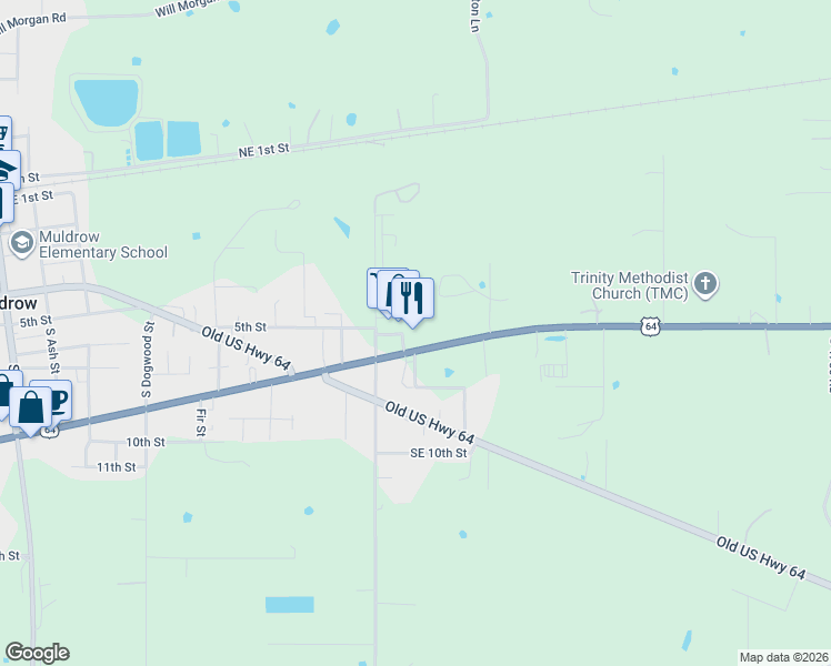 map of restaurants, bars, coffee shops, grocery stores, and more near 1007 East Shawntel Smith Boulevard in Muldrow