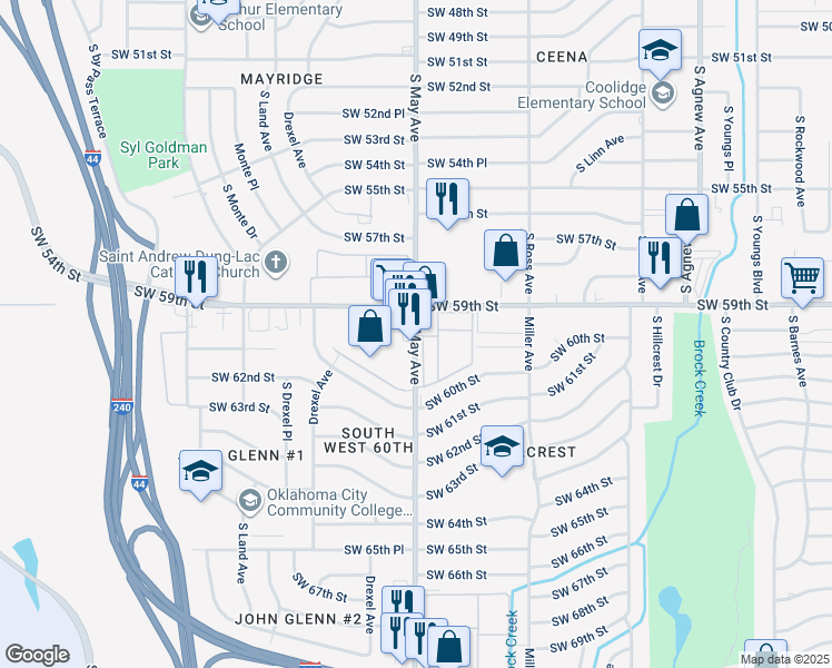 map of restaurants, bars, coffee shops, grocery stores, and more near 6028 South May Avenue in Oklahoma City