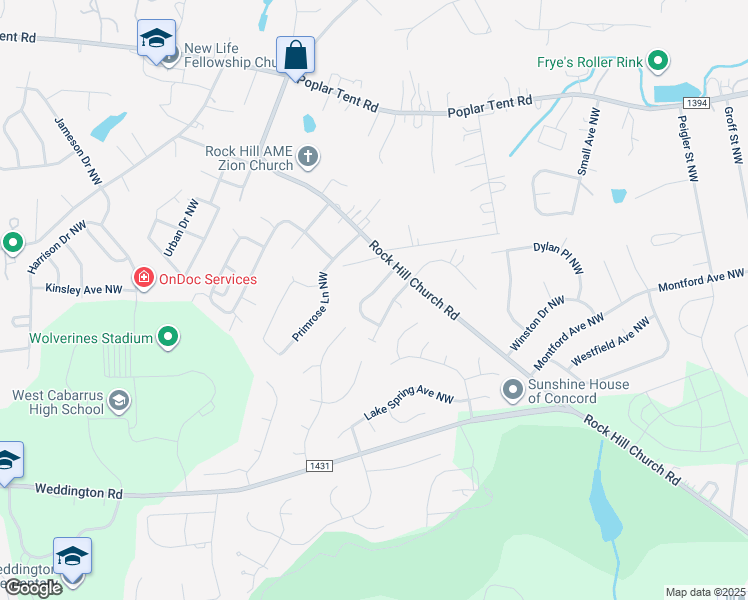 map of restaurants, bars, coffee shops, grocery stores, and more near 3365 Chadbury Drive Northwest in Concord